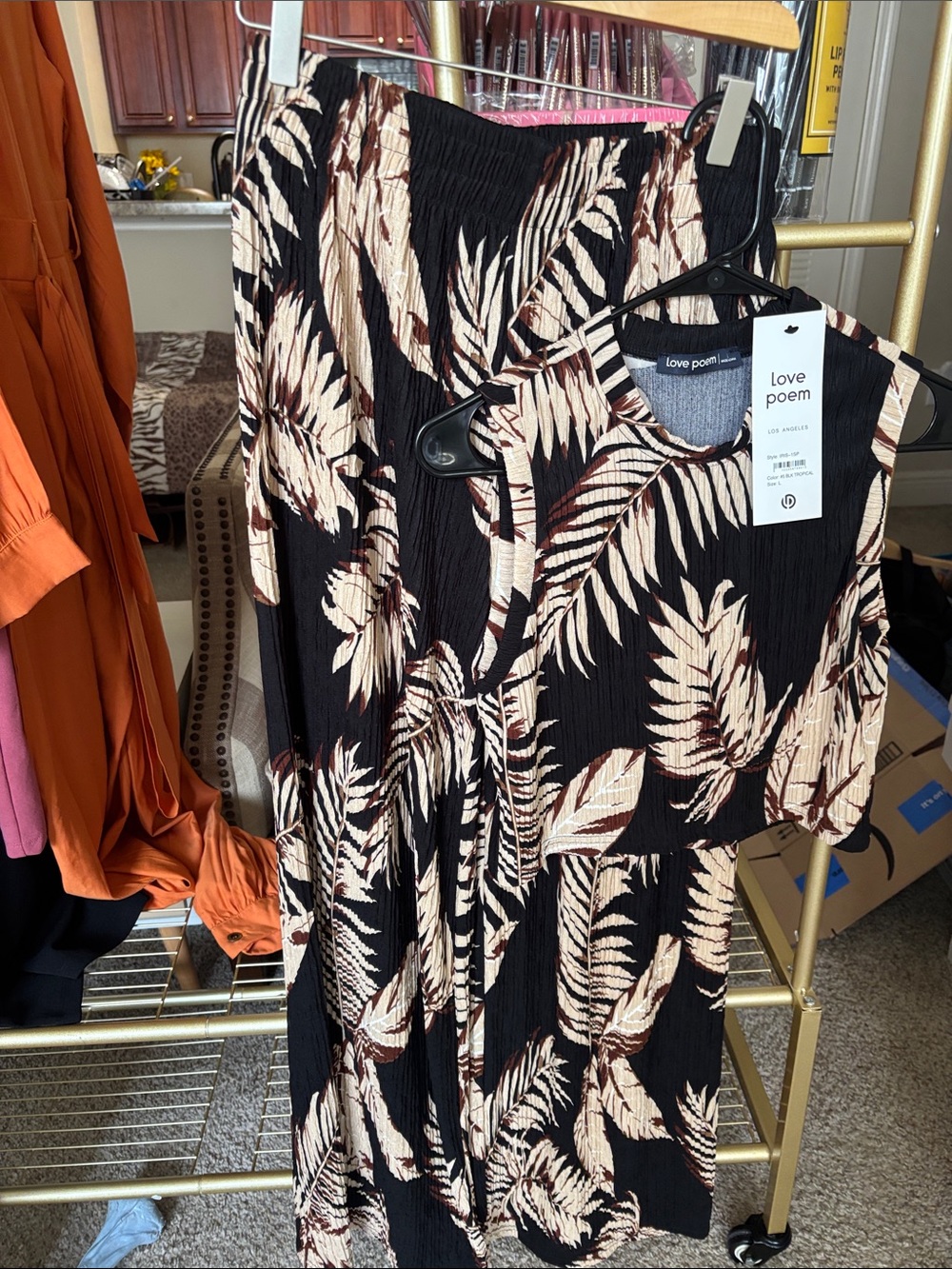 Love Poem Black Midi Dress with Cream & Brown Tropical Leaf Print